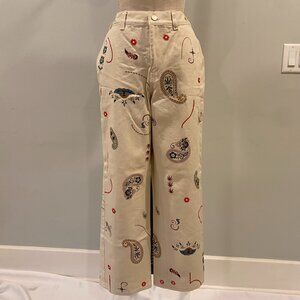 Sundae School Cream Embroidered Cropped Pants